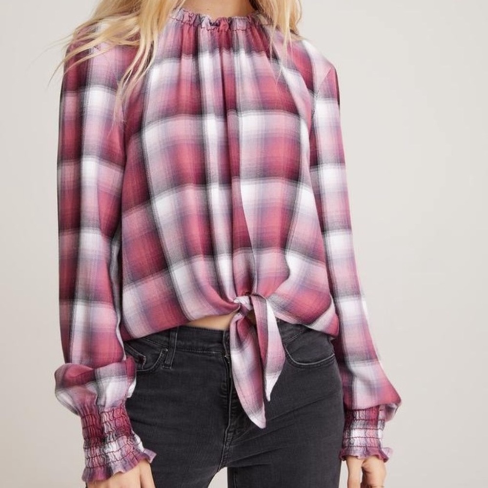 Bella Dahl Smocked Pullover Top Plaid Tie Waist Size Small